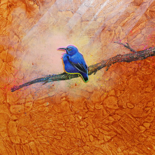 Michael Andrew Law — Untitled ( Cute Blue Bird Silver Lining in Brown Forest ) — Colorful Canvas Paintings