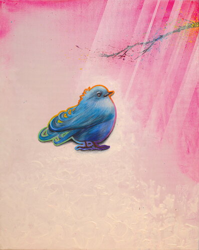 Michael Andrew Law — Untitled ( Cute Blue Bird Silver Lining in Shocking Pink Forest ) — Colorful Canvas Paintings