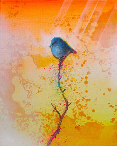 Michael Andrew Law — Untitled ( Cute Blue Bird Silver Lining in the Golden Forest ) — Colorful Canvas Paintings