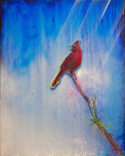 Michael Andrew Law — Untitled ( Cute Red Cardinal Bird Silver Lining and Blue Waterfalls ) — Colorful Canvas Paintings