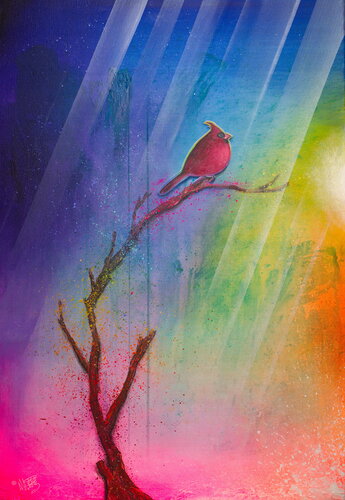Michael Andrew Law — Untitled ( Cute Red Cardinal Bird Silver Lining in colorful landscape ) — Colorful Canvas Paintings