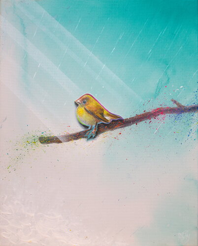 Michael Andrew Law — Untitled ( Cute Yellow Bird Silver Lining in the Turquoise Forest ) — Colorful Canvas Paintings