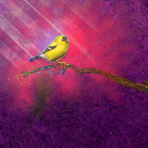 Michael Andrew Law — Untitled ( Cute Yellow Goldfinch Bird Silver Lining in Purple Forest ) — Colorful Canvas Paintings