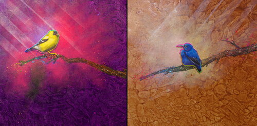 Michael Andrew Law — Untitled ( Cute Yellow Goldfinch Bird Silver Lining in Purple Forest + Cute Blue Bird Silver Lining in Brown Forest ) — Colorful Canvas Paintings