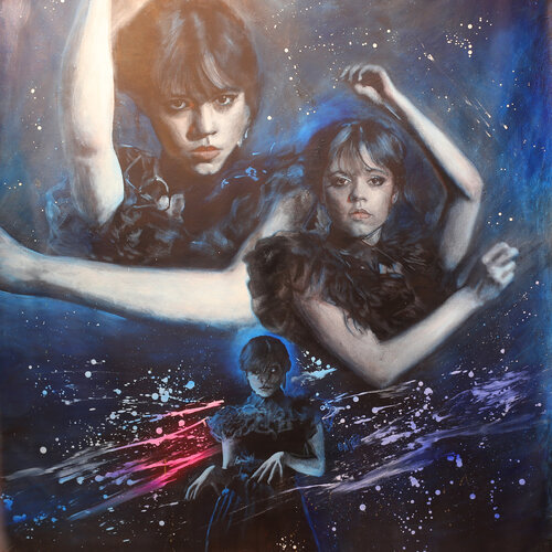 Michael Andrew Law — Untitled ( Jenna Ortega as Wednesday Addams in Tim Burton's Wednesday ) — Exquisite Maximalism Pop | Maximalist Pop Art
