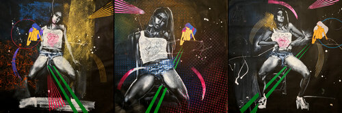 Michael Andrew Law — Untitled ( K-pop Dancer Triptych with Lichtenstein Ben Day Dots ) — Monochrome Canvas Paintings