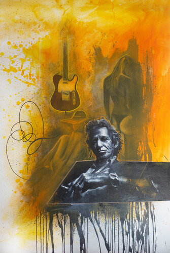 Michael Andrew Law — Untitled ( Keith Richards of Rolling Stones, His Guitar and ladies ) — Monochrome Canvas Paintings