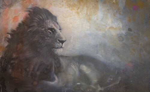 Michael Andrew Law — Untitled ( Lion Before Storm V of Nick Brandt ) — Monochrome Canvas Paintings