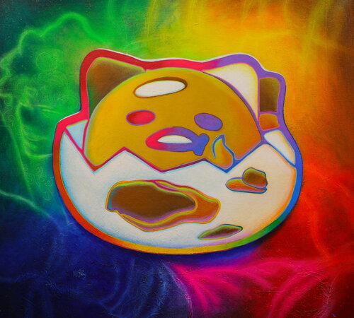 Michael Andrew Law — Untitled ( Meditation with Gudetama ぐでたま of Sanrio in acid universe ) — Colorful Canvas Paintings
