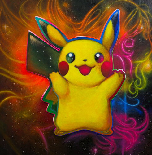 Michael Andrew Law — Untitled ( Meditation with Pikachu of Pokémon in acid universe ) — Colorful Canvas Paintings