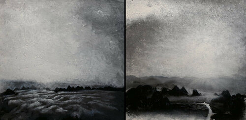 Michael Andrew Law — Untitled ( Mini Landscape Diptych Set ) — Monochrome Canvas Paintings