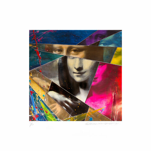 Michael Andrew Law — Untitled ( Mona Lisa's smile with Da Vinc Face ) Limited Edition A.P. Edition 15 / 30 — Unique Overpainted Wax-Pigment Lithographs ( Signed Art Edition )