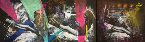 Michael Andrew Law — Untitled ( Reader Triptych with Modern Day Lichtenstein Ben Day Dots ) — Monochrome Canvas Paintings