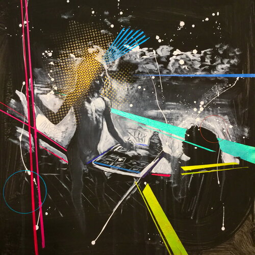 Michael Andrew Law — Untitled ( Sally Mann's Selected images: Sisters at war [+ Dog scratches; 2 works]. - Modern Day Roy Lichtenstein Ben Day Dots) — Monochrome Canvas Paintings