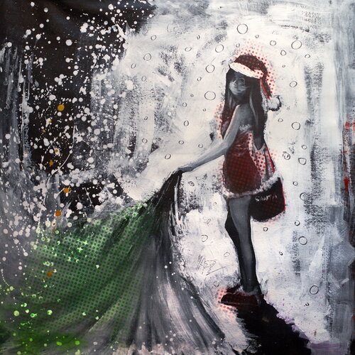 Michael Andrew Law — Untitled ( Santa Girl Pull the rug from under...Modern Day Roy Lichtenstein Ben Day Dot ) — Monochrome Canvas Paintings