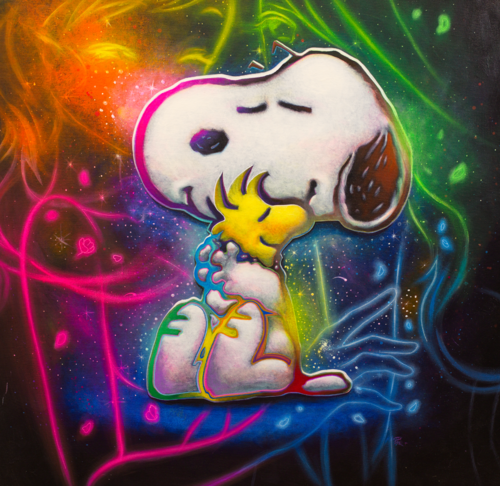 Michael Andrew Law — Untitled ( Snoopy hugs Woodstock of Peanuts ) — Colorful Canvas Paintings