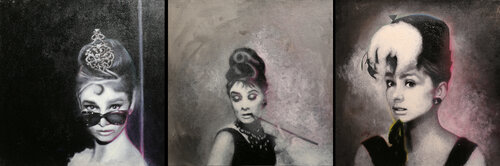 Michael Andrew Law — Untitled ( Three Small Audrey Hepburn Triptych Set ) — Monochrome Canvas Paintings