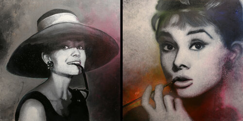 Michael Andrew Law — Untitled ( Three Small Audrey Hepburn Triptych Set ) — Monochrome Canvas Paintings