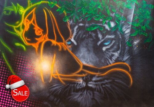 Michael Andrew Law — Untitled ( White Tiger and a Digital Manga Neon Light Girl with White Tiger ) — The Eye of The Tiger