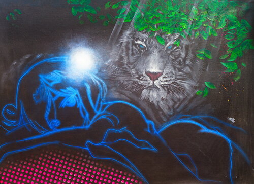 Michael Andrew Law — Untitled ( White Tiger and a Digital Manga Neon Light Girl with White Tiger ) — The Eye of The Tiger