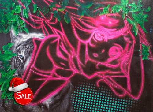 Michael Andrew Law — Untitled ( White Tiger and a Digital Manga Pink Neon Light Girl with White Tiger ) — The Eye of The Tiger