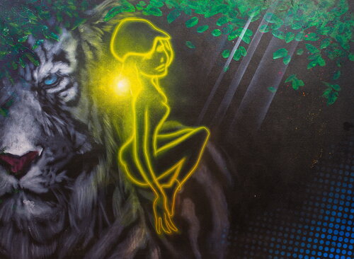 Michael Andrew Law — Untitled ( White Tiger and a Digital Manga Yellow Neon Light Girl with White Tiger ) — The Eye of The Tiger