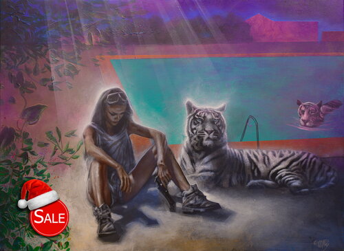 Michael Andrew Law — Untitled ( White Tiger and a Girl with White Tiger Next to a pool ) — The Eye of The Tiger