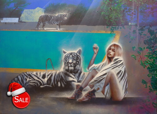 Michael Andrew Law — Untitled ( White Tiger and a Girl with White Tiger fur blanket ) — The Eye of The Tiger