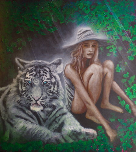 Michael Andrew Law — Untitled (A Girl with Tiger fur with a white Tiger) — The Eye of The Tiger