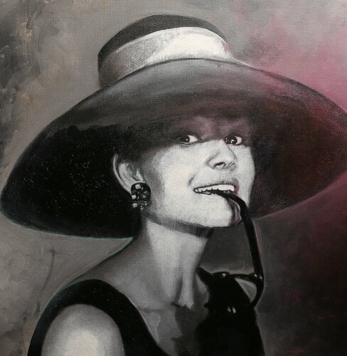 Michael Andrew Law — Untitled (Audrey Hepburn Breakfast At Tiffany's Hat) — Monochrome Canvas Paintings