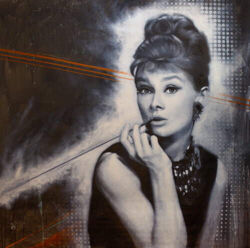 Michael Andrew Law — Untitled (Audrey Hepburn as Holly Golightly) — Monochrome Canvas Paintings