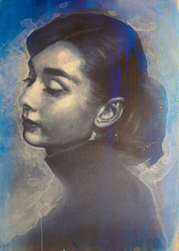 Michael Andrew Law — Untitled (Audrey Hepburn at Vogue in Blue) — Monochrome Canvas Paintings