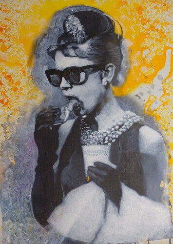 Michael Andrew Law — Untitled (Audrey Hepburn breakfast at Tiffany's window eating pastry in yellow) — Monochrome Canvas Paintings