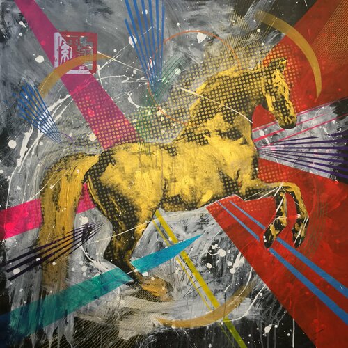 Michael Andrew Law — Untitled (George Stubbs Whistlejacket - Modern Day Lichtenstein Ben Day dots ) — Monochrome Canvas Paintings