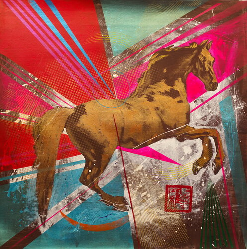 Michael Andrew Law — Untitled (George Stubbs Whistlejacket in pink - Modern Day Lichtenstein Ben Day dots) — Monochrome Canvas Paintings