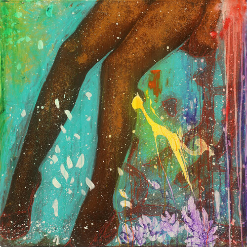 Michael Andrew Law — Untitled (I don't believe in daydreams anymore 30x30' Glitter Goldleaf Acrylic and Oil on Canvas) — Colorful Canvas Paintings