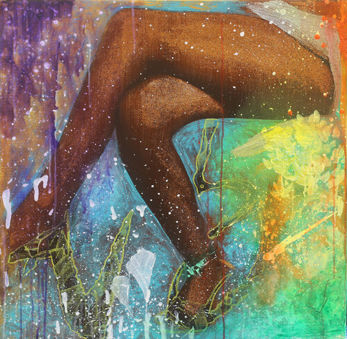 Michael Andrew Law — Untitled (I don't believe in daydreams anymore 30x30' Glitter Goldleaf Acrylic and Oil on Canvas) — Colorful Canvas Paintings