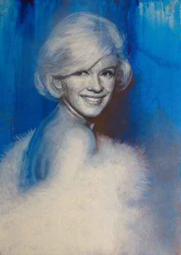 Michael Andrew Law — Untitled (Marilyn Monroe at a 60s Golden Globe with Fur Coat) — Monochrome Canvas Paintings