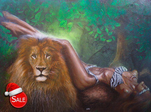Michael Andrew Law — Untitled (Woman with Tiger fur lingerie with a Lion) — The Eye of The Tiger