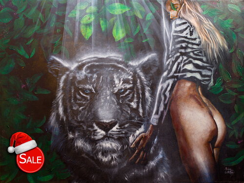 Michael Andrew Law — Untitled (Woman with Tiger fur with a white tiger) — The Eye of The Tiger