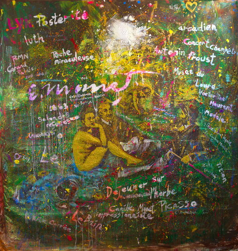 Michael Andrew Law — Untitled Art History Painting ( Édouard Manet's Le Déjeuner sur l'herbe ) — Sparkling Expressive : What If Julian Schnabel goes Pop with Old Masters Art