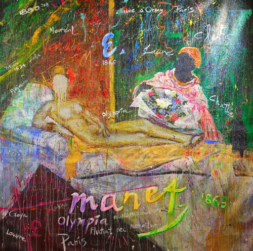 Michael Andrew Law — Untitled Art History Painting ( Édouard Manet's Olympia ) — Sparkling Expressive : What If Julian Schnabel goes Pop with Old Masters Art