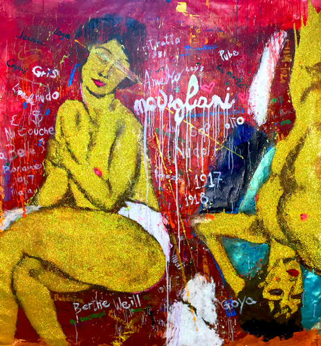Michael Andrew Law — Untitled Art History Painting ( Amedeo Modigliani's La belle romaine & Nu couché ) — Sparkling Expressive : What If Julian Schnabel goes Pop with Old Masters Art