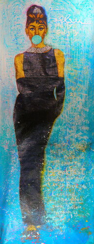 Michael Andrew Law — Untitled Art History Painting ( Bud Fraker,Blake Edwards and Audrey Hepburn's Breakfast at Tiffany's) — Sparkling Expressive : What If Julian Schnabel goes Pop with Old Masters Art