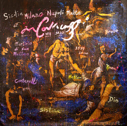 Michael Andrew Law — Untitled Art History Painting ( Caravaggio's Martirio di san Matteo ) — Sparkling Expressive : What If Julian Schnabel goes Pop with Old Masters Art