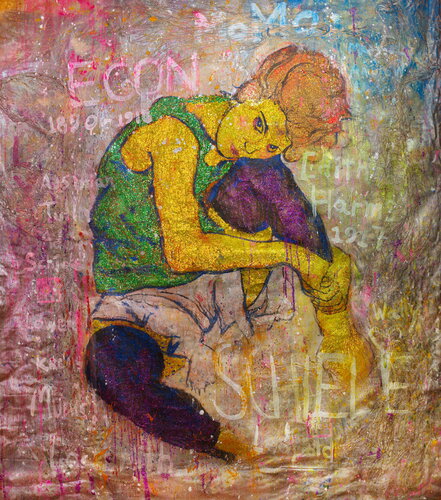 Michael Andrew Law — Untitled Art History Painting ( Egon Schiele's Sitzende Frau mit angezogenem Knie ) — Sparkling Expressive : What If Julian Schnabel goes Pop with Old Masters Art