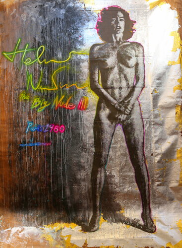 Michael Andrew Law — Untitled Art History Painting ( Helmut Newton 1980's The Big Nude ) — Sparkling Expressive : What If Julian Schnabel goes Pop with Old Masters Art