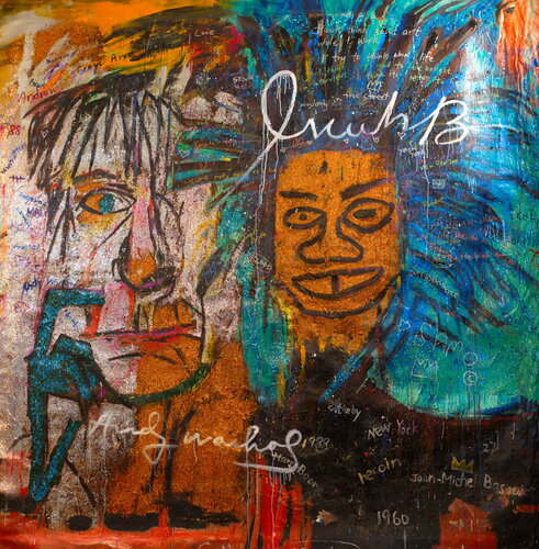 Michael Andrew Law — Untitled Art History Painting ( Jean-Michel Basquiat's Dos Cabezas ) — Sparkling Expressive : What If Julian Schnabel goes Pop with Old Masters Art