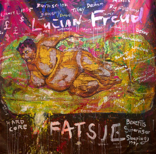 Michael Andrew Law — Untitled Art History Painting ( Lucian Freud Fat Sue / Benefits Supervisor Sleeping ) — Sparkling Expressive : What If Julian Schnabel goes Pop with Old Masters Art