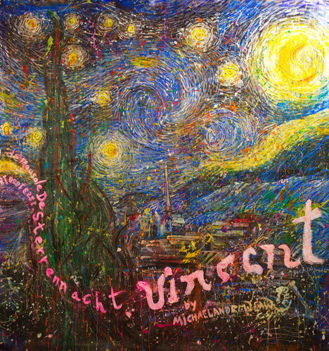 Michael Andrew Law — Untitled Art History Painting ( Van F'n Gogh's The F'n Starry Night ) — Sparkling Expressive : What If Julian Schnabel goes Pop with Old Masters Art